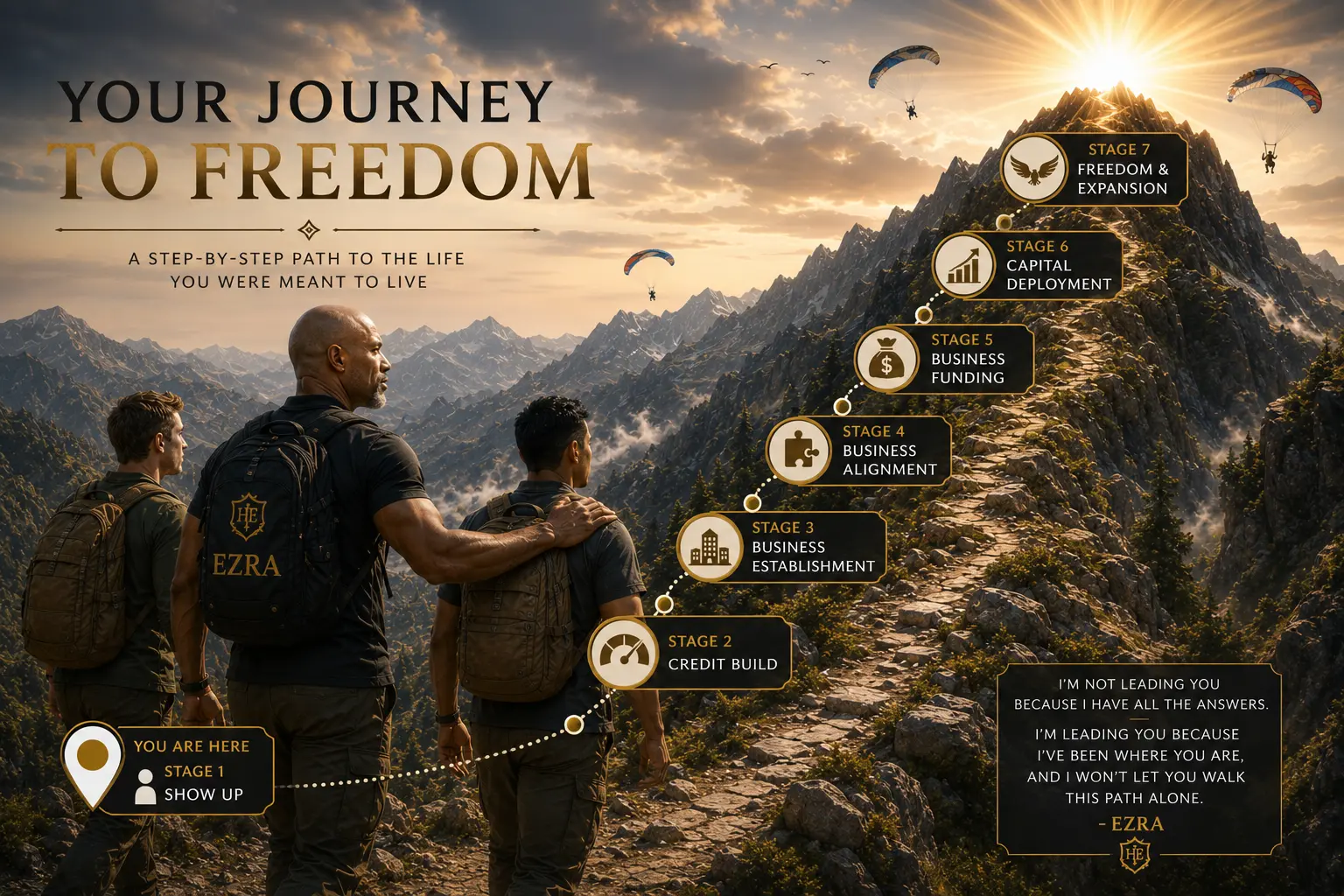 Your Journey to Freedom — visual map of the seven stages from Show Up to Freedom & Expansion.